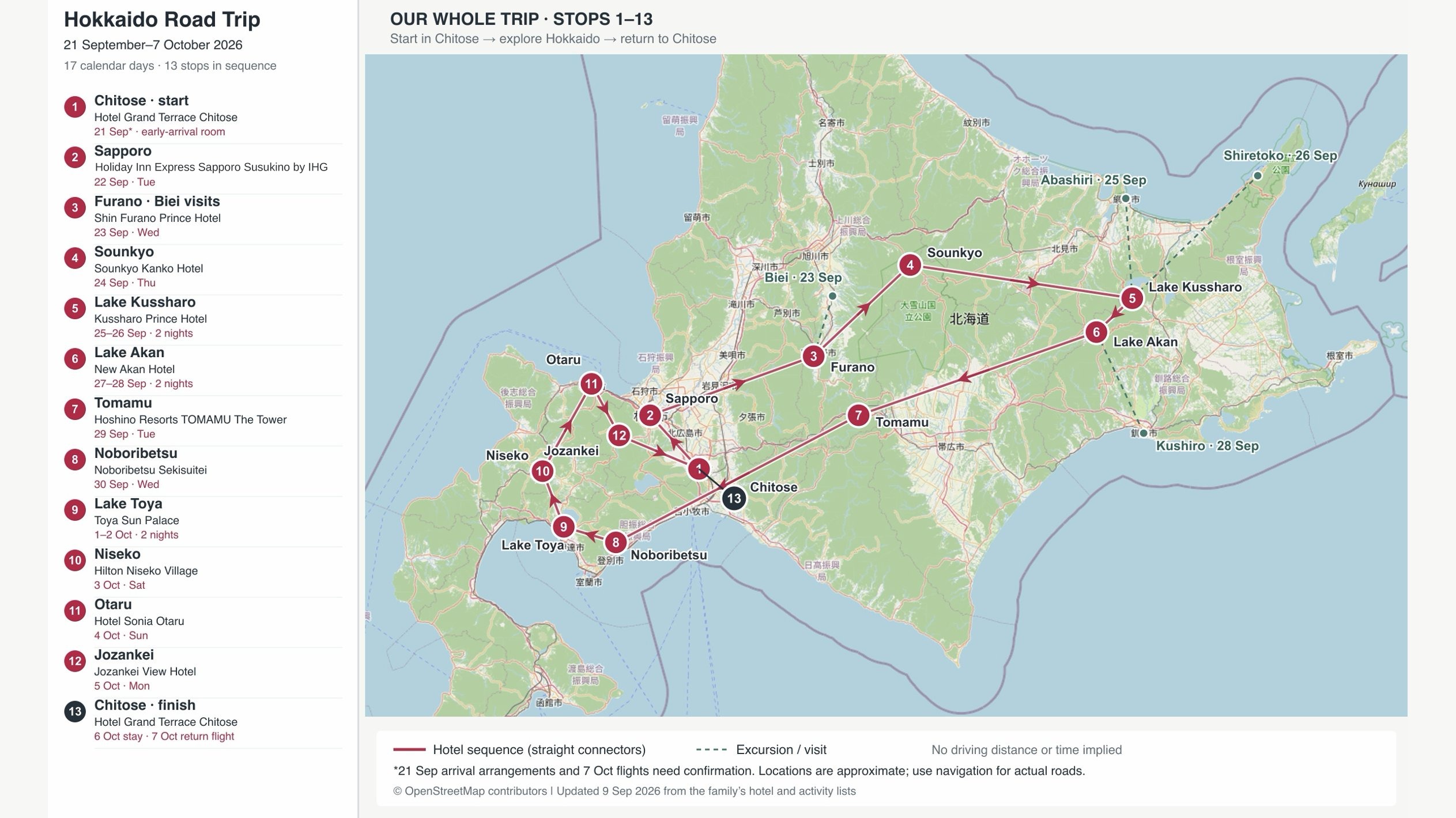 Hokkaido Road Trip route map — stops 1 to 13